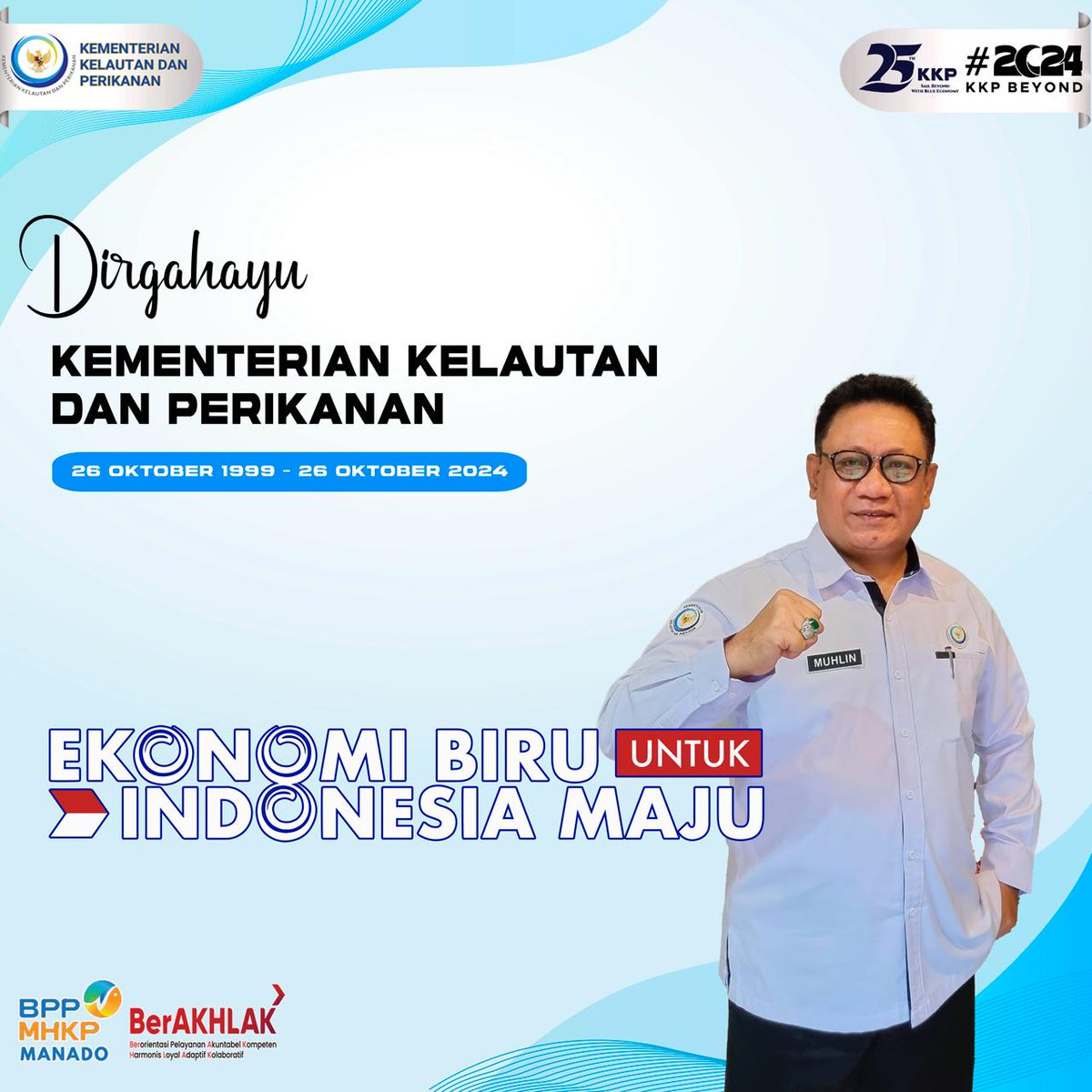 Keluarga besar BPPMHKP Manado mengucapkan Dirgahayu Kementerian Kelautan dan Perikanan.

26 Oktober 1999, sejarah dimulainya kita tak lagi pernah memunggungi laut. KKP Jaya, Indonesia Sejahtera📷

#25TahunKKP
#SailBeyondWithBlueEconomy
#2024KKPBeyond
#SAKTIWAHYUTRENGGONO