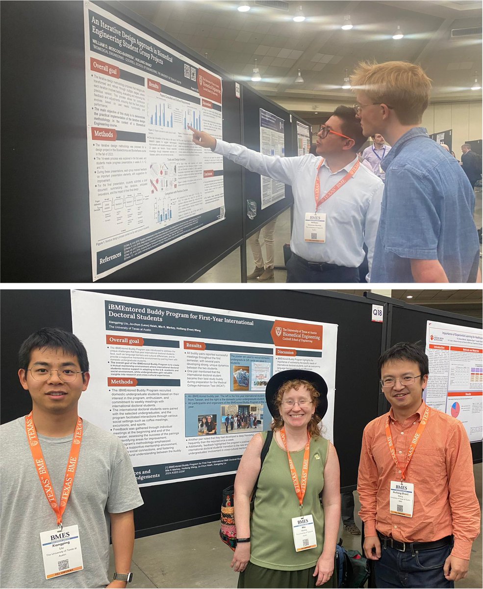 whl0903's tweet image. Our @UTBiomedical PhD student Xiangping Liu and postdoc William Moscoso presented posters at #BMES2024 on international students mentoring and innovative teaching methods for group projects.
