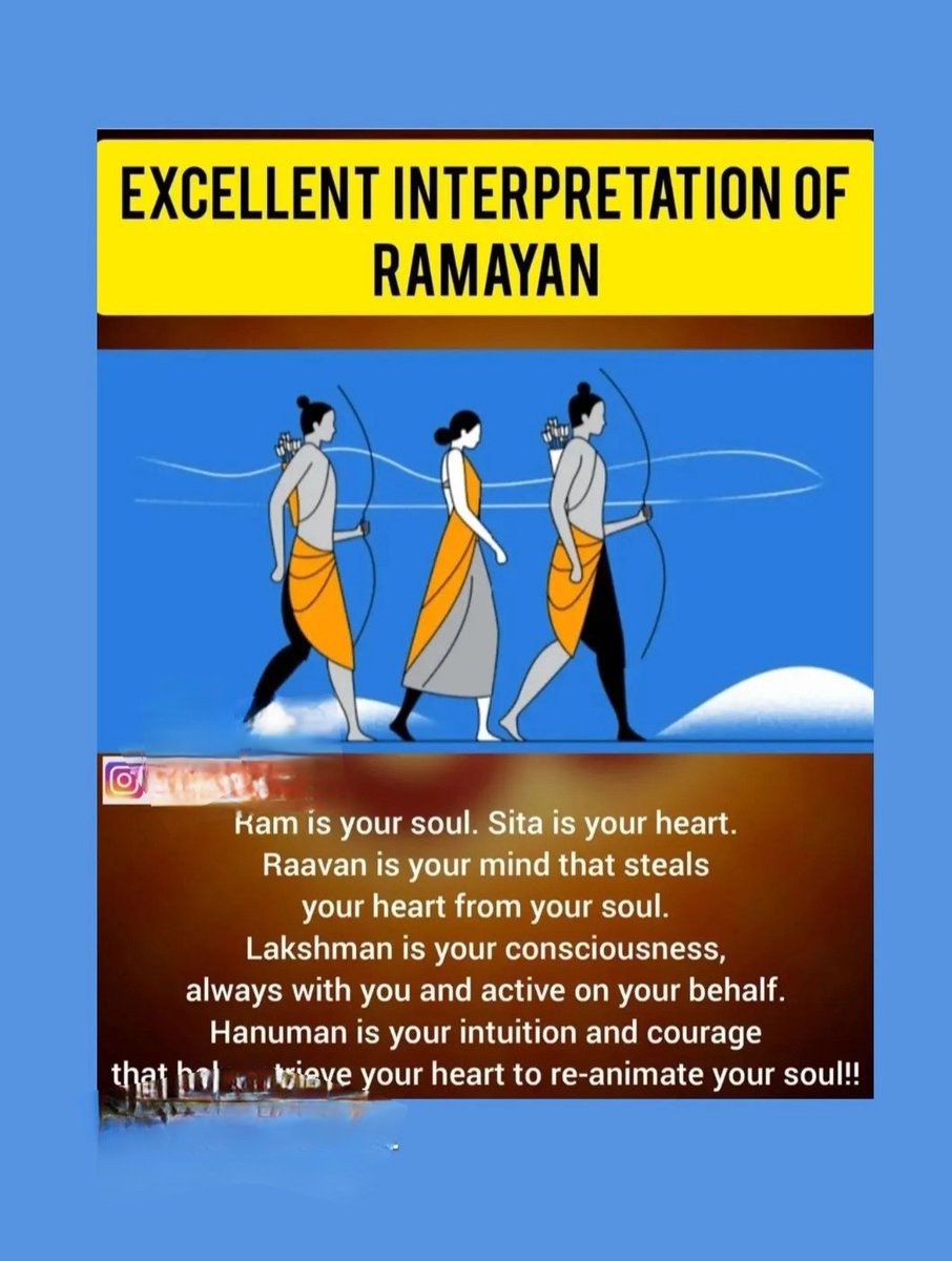 राम आपकी आत्मा हैं। सीता आपका हृदय हैं।
रावण आपका मन है, जो आपकी आत्मा से आपके हृदय को चुरा लेता है।
लक्ष्मण आपकी चेतना हैं, जो हमेशा आपके साथ और आपकी ओर से सक्रिय रहती है।
हनुमान आपकी अंतर्दृष्टि और साहस हैं, जो आपके हृदय को पुनः प्राप्त करके आपकी आत्मा को पुनः जीवित करने में