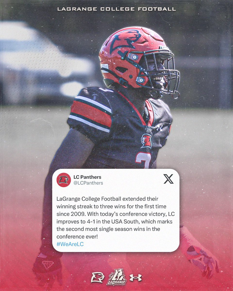 LaGrange College Football (@lagrangeftbl) on Twitter photo ๐๐ข๐ฌ๐ญ๐จ๐ซ๐ฒ ๐ข๐ง ๐ญ๐ก๐ ๐๐๐ค๐ข๐ง๐ .
For the first time since 2009, <a href="/LaGrangeFTBL/">LaGrange College Football</a> is on a 3 game win streak with todayโs win over Greensboro! The squad is 4-3 (4-1 USA South) as we had into the final stretch of the season.
#WeAreLC ๐๐ข๐ฌ๐ญ๐จ๐ซ๐ฒ ๐ข๐ง ๐ญ๐ก๐ ๐๐๐ค๐ข๐ง๐ .
For the first time since 2009, <a href="/LaGrangeFTBL/">LaGrange College Football</a> is on a 3 game win streak with todayโs win over Greensboro! The squad is 4-3 (4-1 USA South) as we had into the final stretch of the season.
#WeAreLC