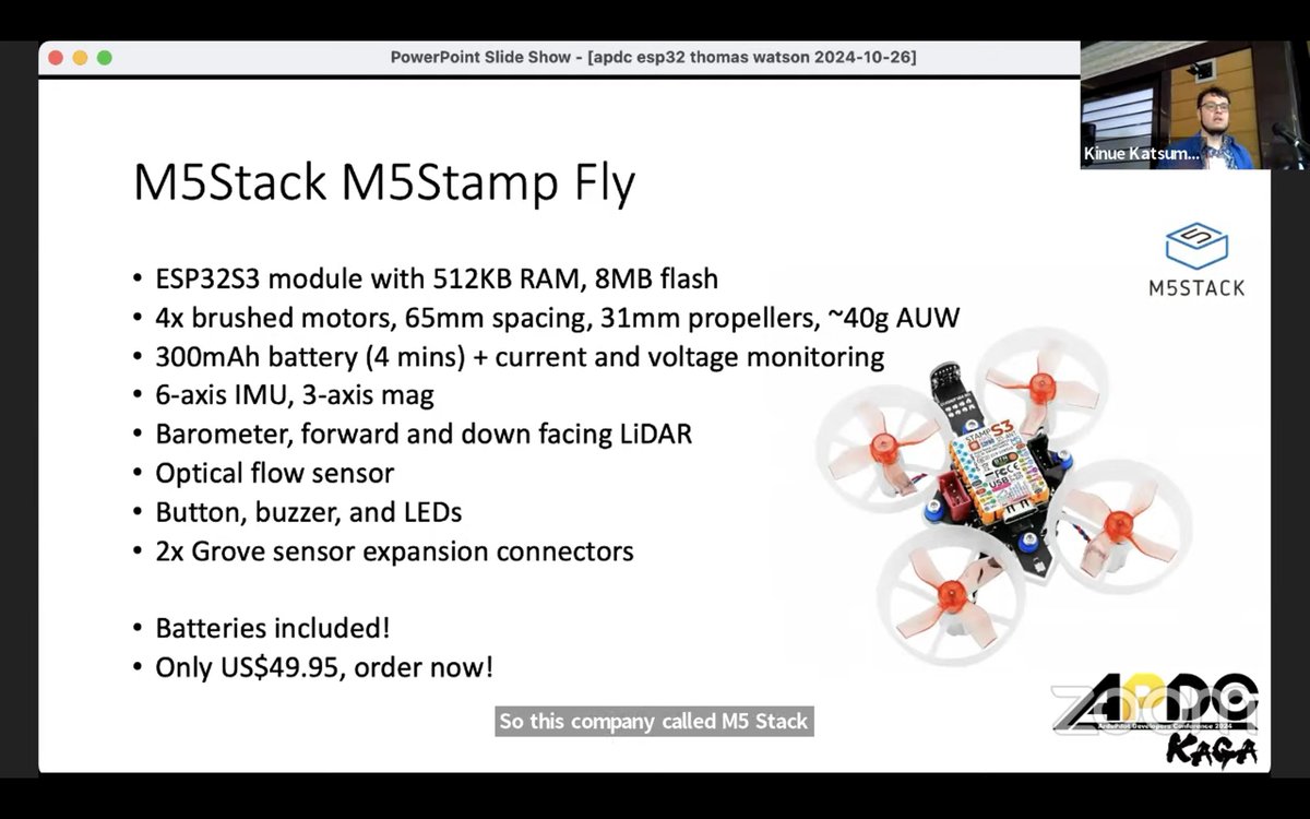 hfujikawa77's tweet photo. ThomasさんによるESP32 Status Updateプレゼン。
ArduPilotのESP32ファーム開発が活発ではなくモチベーション下がっていたところ、M5StampFly 発表を受けてやる気再燃したそうです！
https://t.co/fccZXeP2pJ https://t.co/WDkWYKZsQF