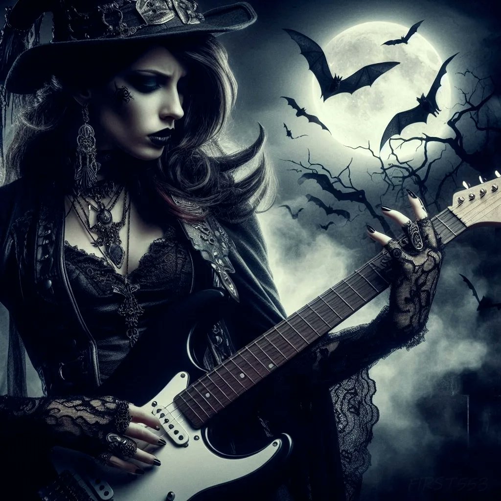 first553_tw's tweet photo. Her riffs resonate through the night, a symphony of shadows in the dark fantasy realm 🎸🌌 #darkfantasy #guitar #gothic #dark #fantasy #AI https://t.co/Rv8dubg25S