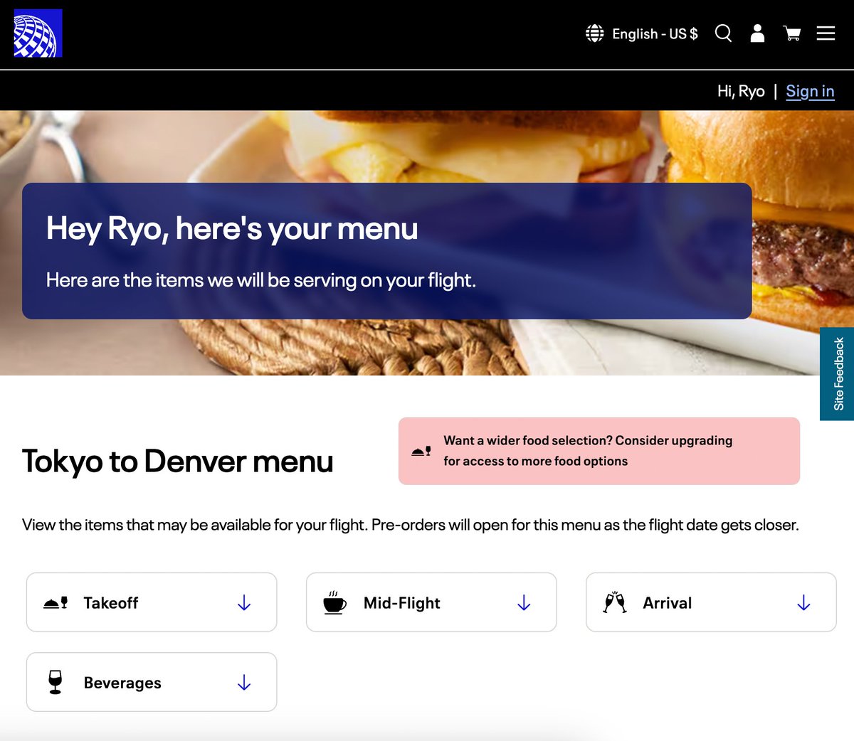 Hey <a href="/united/">United Airlines</a> I fixed your menu selection screen -- make it easier to convert to different cabins for the better food :P