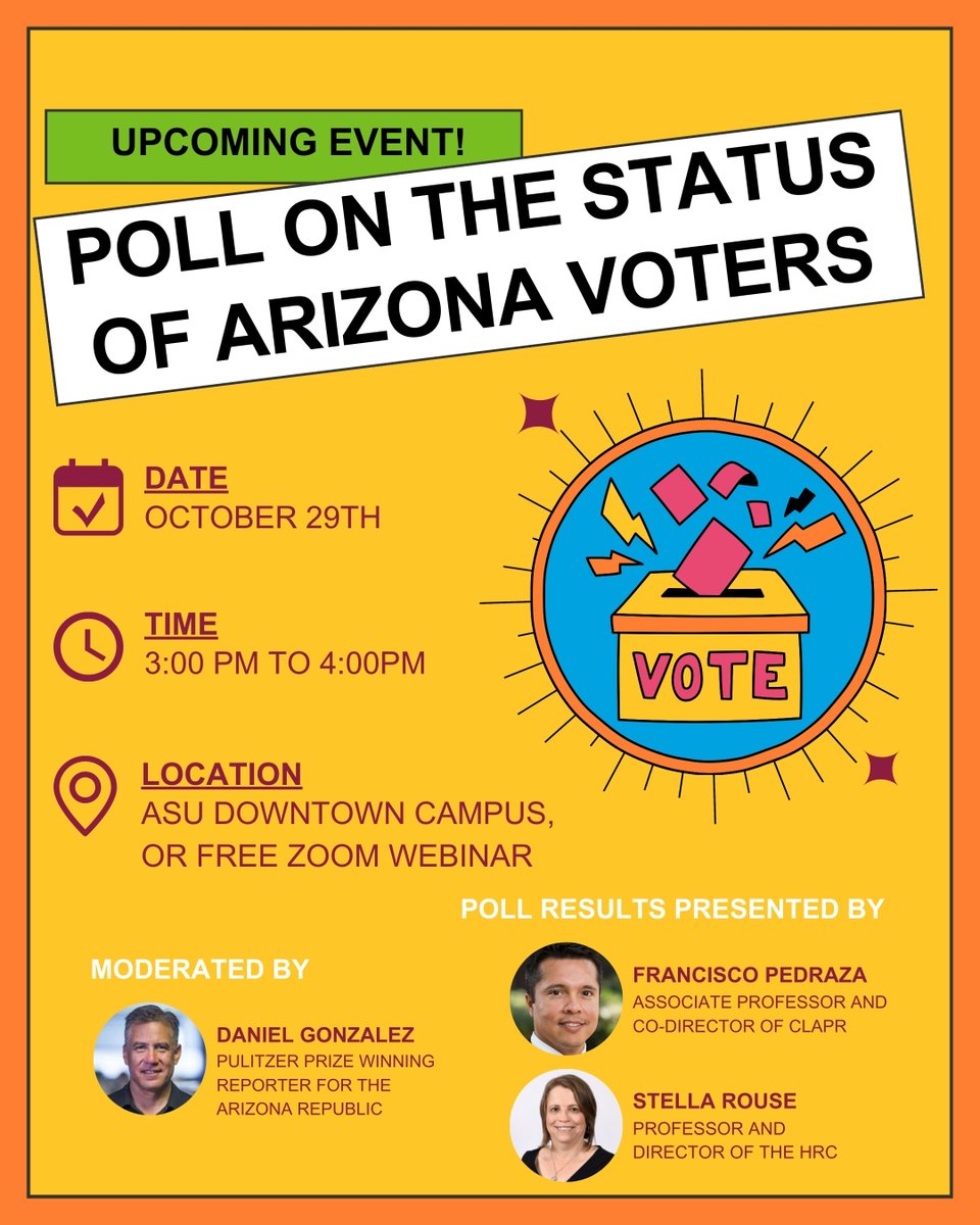 ASU Hispanic Research Center (@hrc_asu) on Twitter photo Join <a href="/asu_clapr/">Center for Latina/os & American Politics Research</a> and The HRC on Tuesday, October 29th, from 3:00 PM to 4:00 PM, in person or via a free Zoom webinar, for the ASU Poll on the Status of Arizona Voters event! Discover how Arizona voters will cast their vote as the 2024 general election approaches! #ASUCLAPR #HRC Join <a href="/asu_clapr/">Center for Latina/os & American Politics Research</a> and The HRC on Tuesday, October 29th, from 3:00 PM to 4:00 PM, in person or via a free Zoom webinar, for the ASU Poll on the Status of Arizona Voters event! Discover how Arizona voters will cast their vote as the 2024 general election approaches! #ASUCLAPR #HRC
