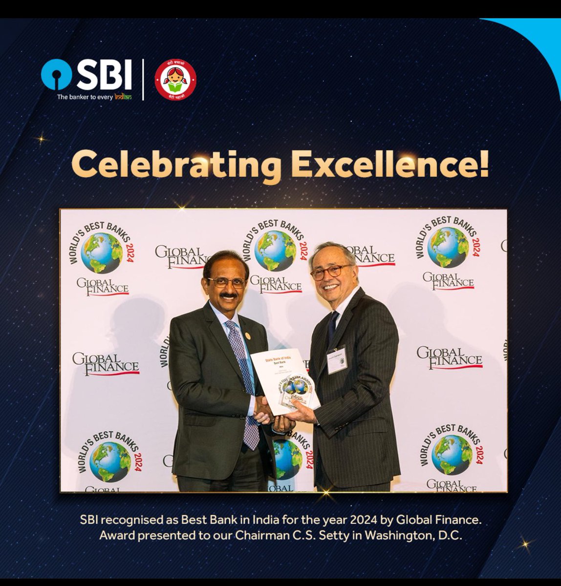 SBI recognised as the Best Bank in India for the year 2024 by Global Finance Magazine at its 31st Annual Best Bank Awards.
Heartfelt thanks to all our customers, employees and other stakeholders for their unwavering trust and support.
#SBI #TheBankerToEveryIndian #GlobalFinance