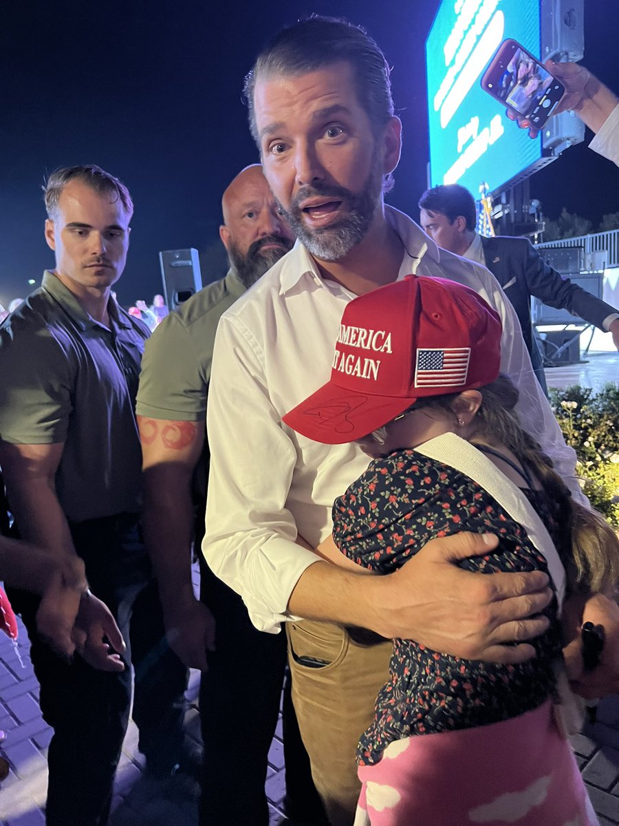 greenbean1775's tweet photo. The other night, some over zealous supporters were a bit aggressive trying to get to see @DonaldJTrumpJr and my little one got a bit overrun. She was pretty upset and crying. 

We got her out of the crowd, and she was so sad she didn’t get that magical moment with Don Jr. 

I saw @AZSenatorShamp and told her what happened. She immediately took us to @JakeHoffmanAZ who helped us through the crowd. 

This little girl’s first reaction was to go in for the hug. He was so gracious, and gave her the hug she needed. It was a genuine reaction on both their parts: her need for comfort, and his empathy. 

I’d love to tell him how much this moment means to her. She’s told every person we have met in the past week how Don Jr. gave her a hug to make her feel better. 

Mr. Trump, if you ever see this, thank you. That moment was fleeting in your experience meeting hundreds of thousands of Americans. However, for my little girl, it was a moment she will never forget.