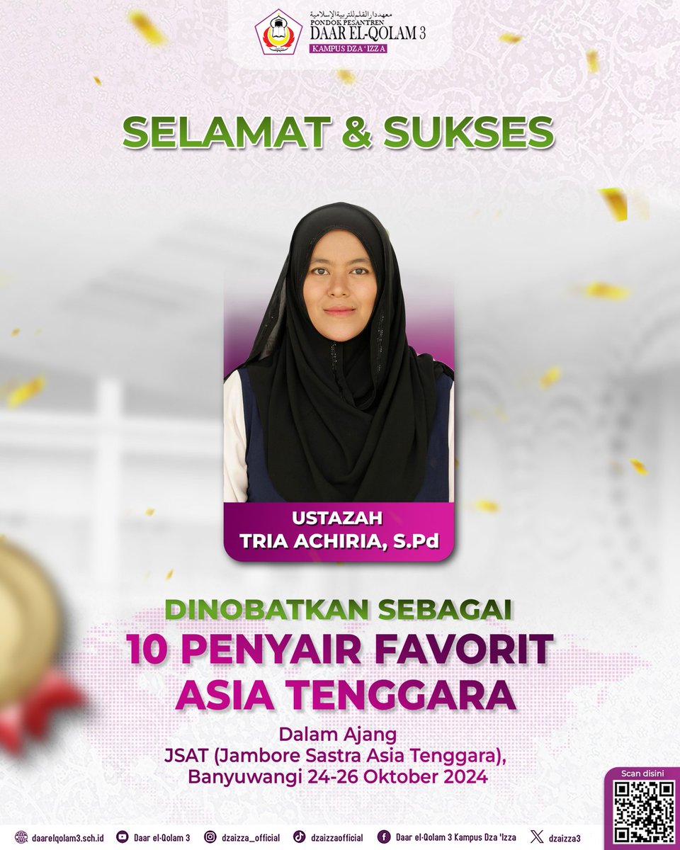 dzaizzaofficial's tweet image. Selamat untuk Ustazah Tria Achiria, S.Pd!
Pada Jambore Sastra Asia Tenggara 2024 yang berlangsung di Banyuwangi, karya puisi Ustazah Tria yang berjudul &quot;Di Ceruk-ceruk Dinding Kaldera Ijen Purba&quot; 
#jsat 
#dzaizza