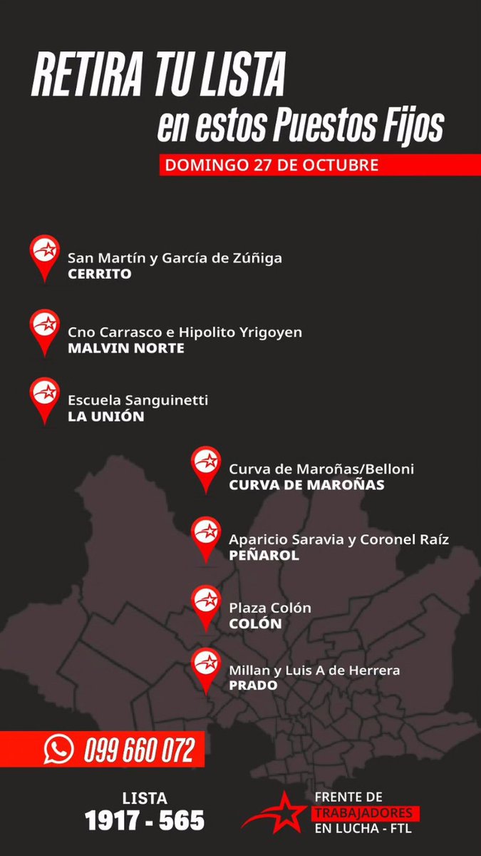 EnLuchaUy's tweet photo. Durante este domingo de elecciones, estos son los puntos donde podés ir a buscar listas para votar trabajadores con la 1917565 

Los trabajadores primero! https://t.co/uJBaEoQ12x