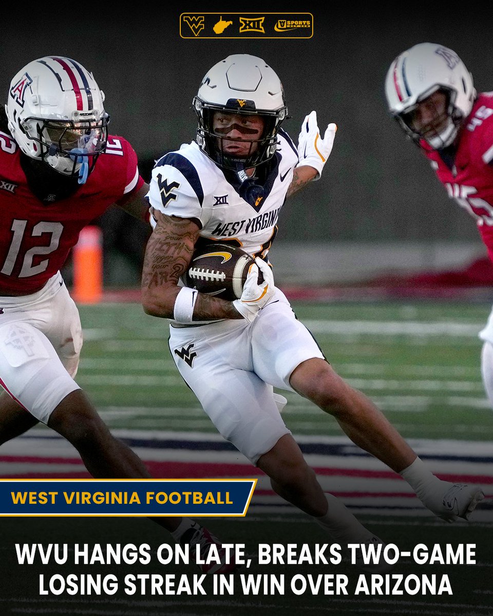 WVSportsDotCom's tweet photo. Game Recap 👉 https://t.co/zK0VYD1w52

#WVU hangs on late, breaks two-game losing streak in win over Arizona. #HailWV https://t.co/5UKH4w8YOt