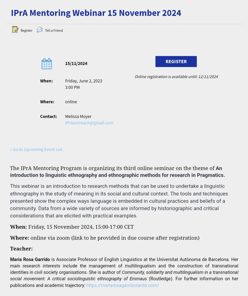 🎙 #IPrA_Webinar on #linguistic #ethnography 🗣

🗓 November 15, 2024
📍 Online
📥 Registration:
pragmatics.international/events/EventDe…