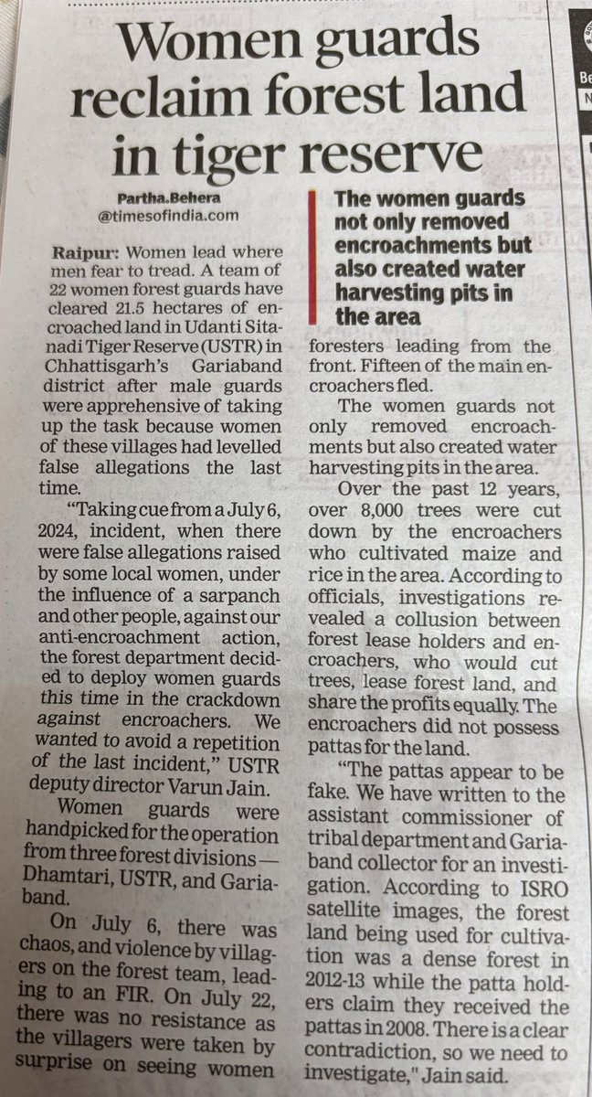 pargaien's tweet photo. “Women lead where men fear to tread”
Kudos to these 22 Women forest officers who successfully protected 21.5 hac of forest Udanti Sitanadi Tiger reserve of #Chhatisgarh from encroaches besides taking up many water conservation works @timesofindia @ntca_india @Unitedfortigers @SPYadavIFS