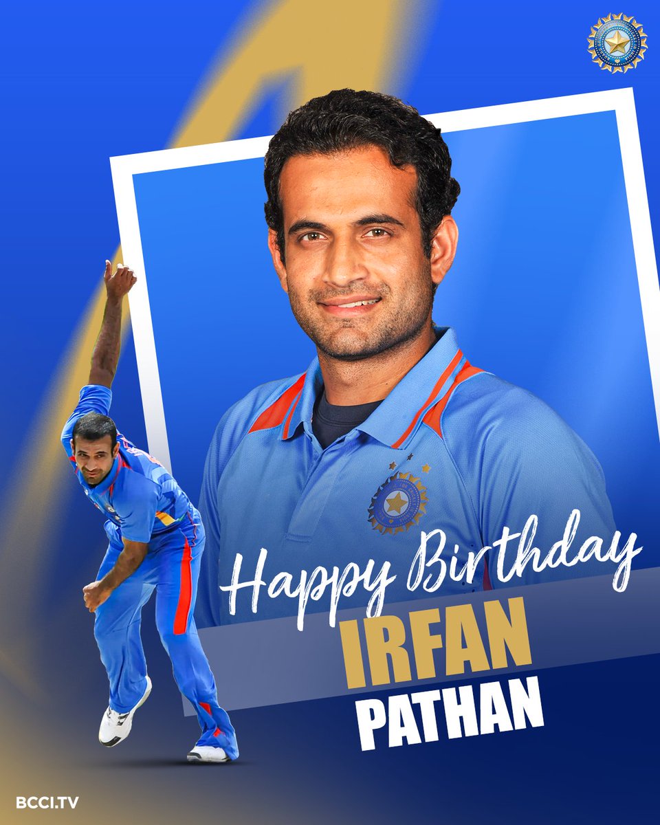 BCCI's tweet photo. 173 intl. games
301 intl. wickets and 2821 intl. runs 👌
2⃣nd #TeamIndia cricketer to scalp a Test hat-trick 🙌

Wishing a Happy Birthday to the 2007 World T20-winner @IrfanPathan 🎂👏 https://t.co/NL9umO5ASM