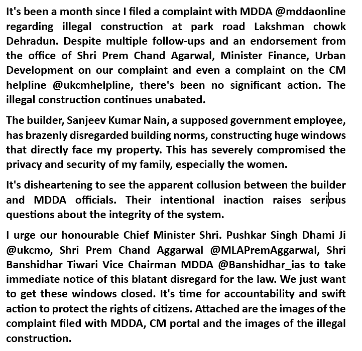 RupinTG's tweet photo. I urge our honorable Chief Minister Shri. Pushkar Singh Dhami Ji @ukcmo  Shri Prem Chand Aggarwal @MLAPremAggarwal, Shri Banshidhar Tiwari Vice Chairman MDDA @Banshidhar_ias to take immediate notice of this blatant disregard for the law.  
#illegalconstruction #corruptofficials https://t.co/NS3b7awkeA
