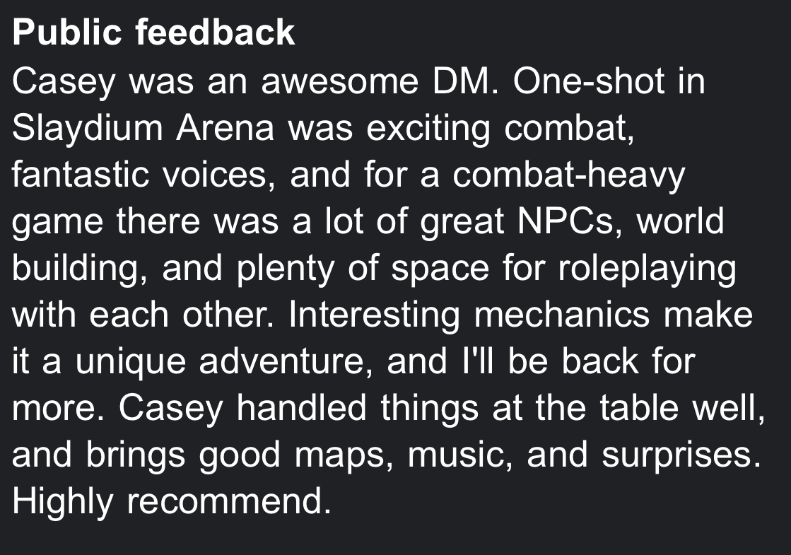 Lovely feedback after this afternoon's game! I do love my #ttrpgcommunity . More games  of #DnD running next week!