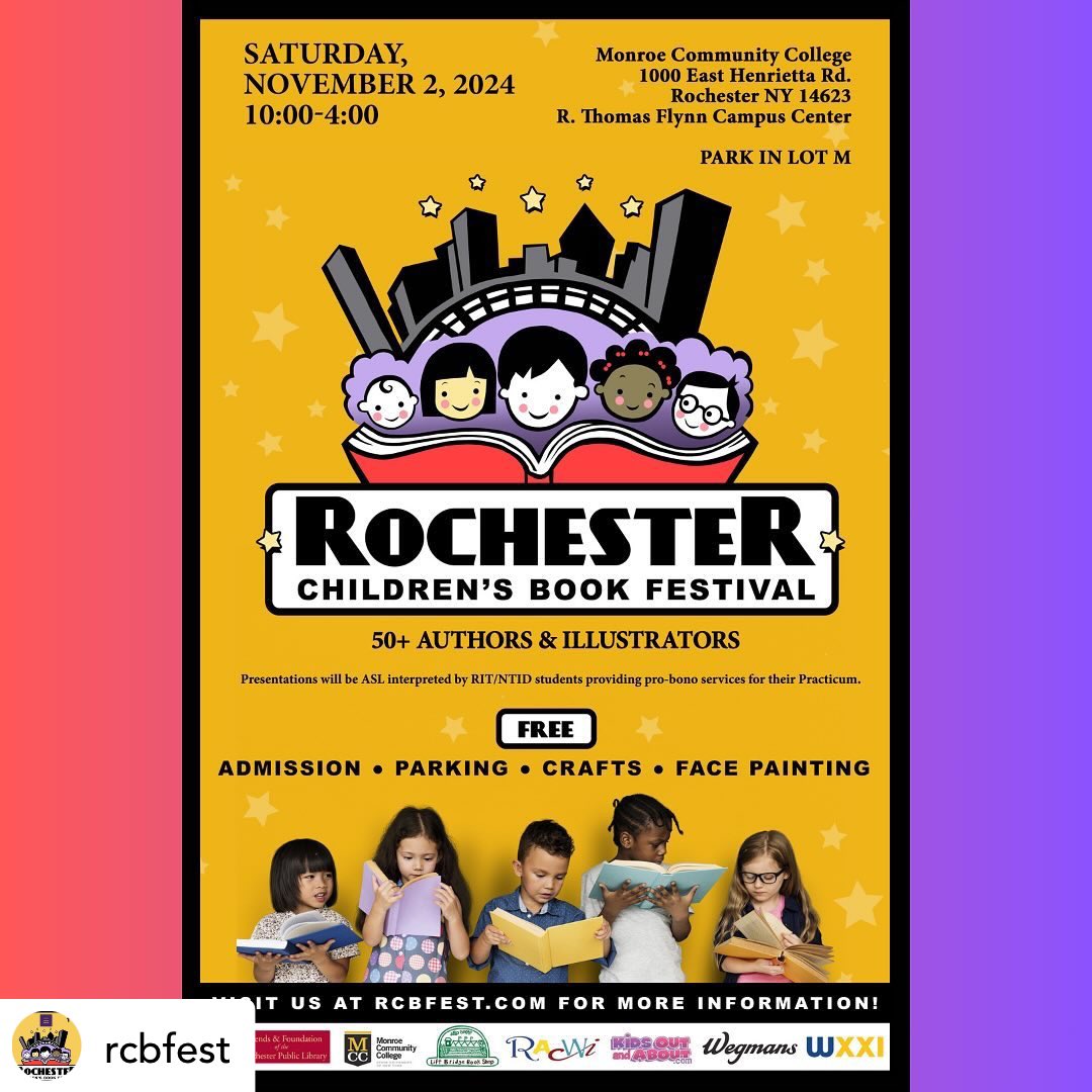 Please join me and 50+ incredible authors &amp; illustrators at the Rochester Children’s Book Festival Saturday, Nov 2! Bring your friends and family for a day filled with stories, creativity, and fun. Can’t wait to see you there!
#RCBF2024 #ChildrensBooks #BookFestival #RochesterNY