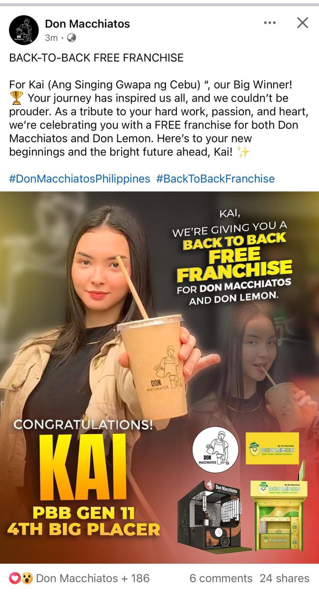 kowalerts's tweet photo. Don Macchiatos PH reregaluhan ng back to back Free Franchise si #PBBGen11 4th Big Placer KAI!! Kabog 👏👏👏 https://t.co/BHIBq2KlWd