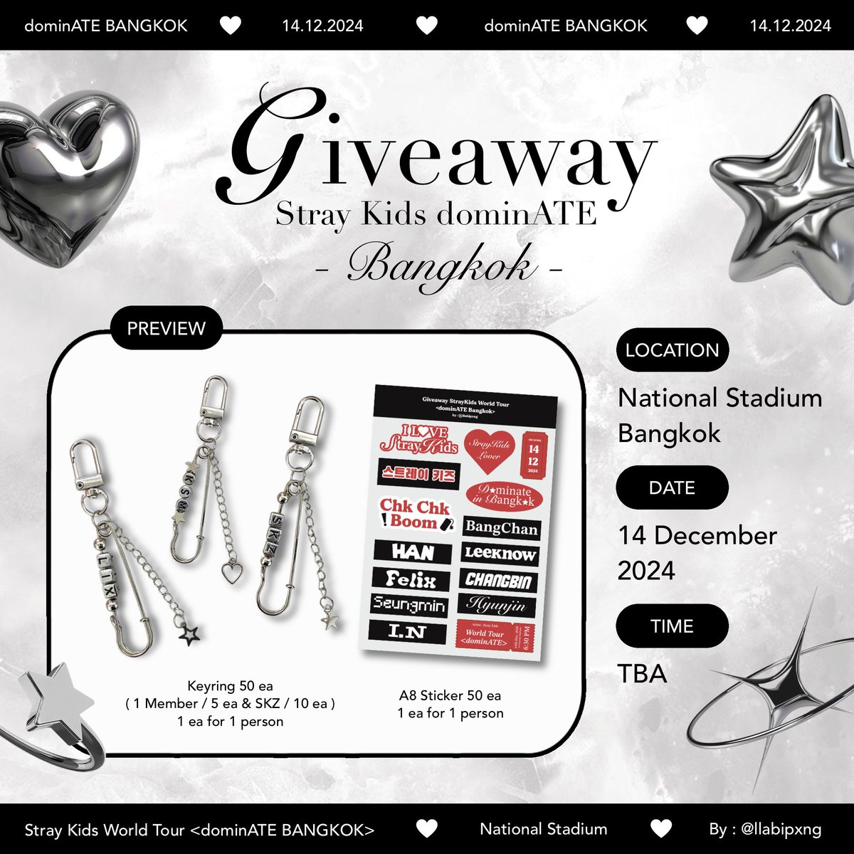 ꒰ pls kindly rt ꒱

♡‧₊˚ Giveaway for dominATE in BKK🪽

— Keyring 50 ea ⛓️
— A8 Sticker 50 ea 📓

Location : National Stadium
Date : 14 Dec. 2024
Time : TBA

🤍 for exchange pls dm 💬

#SKZinBKK #dominATE_BKK #dominATE_BANGKOK