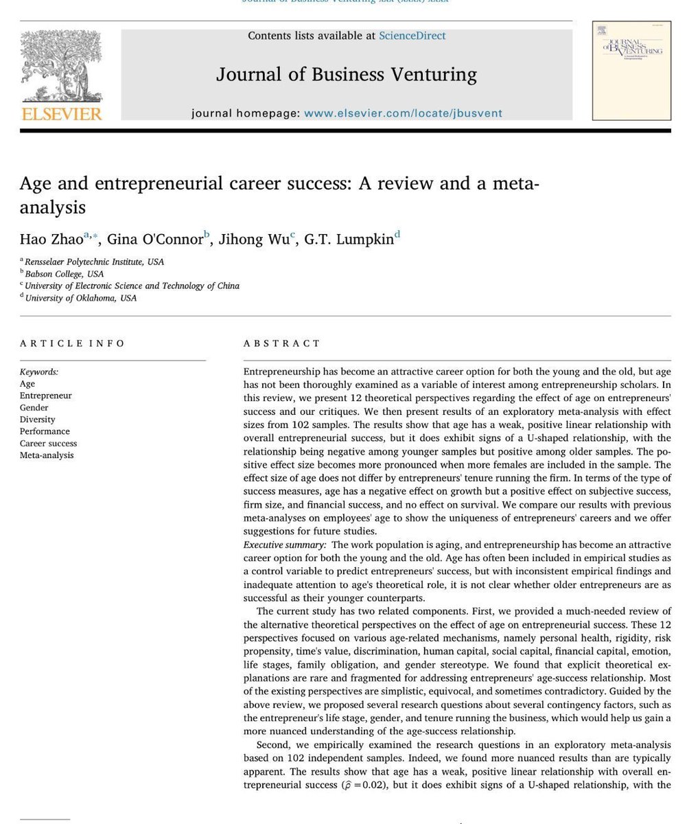The results on age and success in startups: older founders are good.

1) The median age in the US for launching a 1-in-1000 fastest growing company is 45 &amp; the average age of founders is 42 aeaweb.org/articles?id=10…

2) Worldwide, older founders beat younger sciencedirect.com/science/articl…