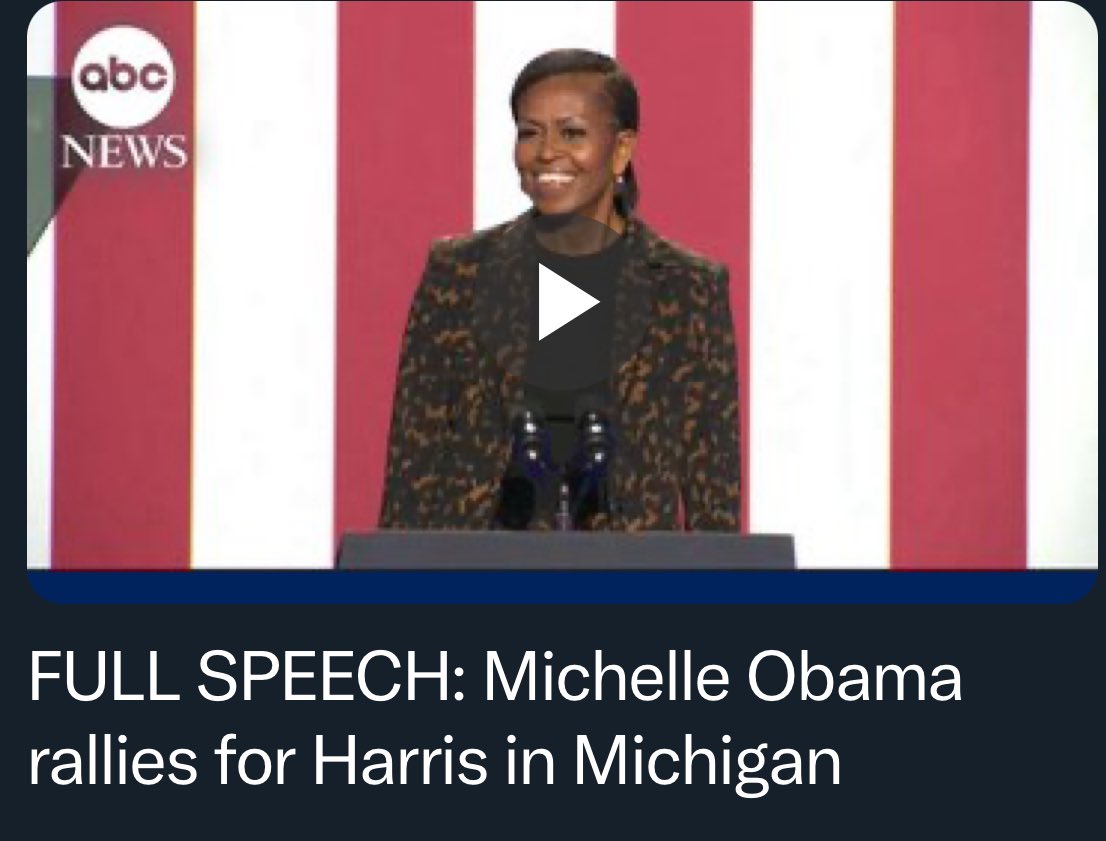 Michelle Obama’s speech rallying for VO Kamala Harris in Michigan is a must watch! youtu.be/YtQqGOOLh8o?si…