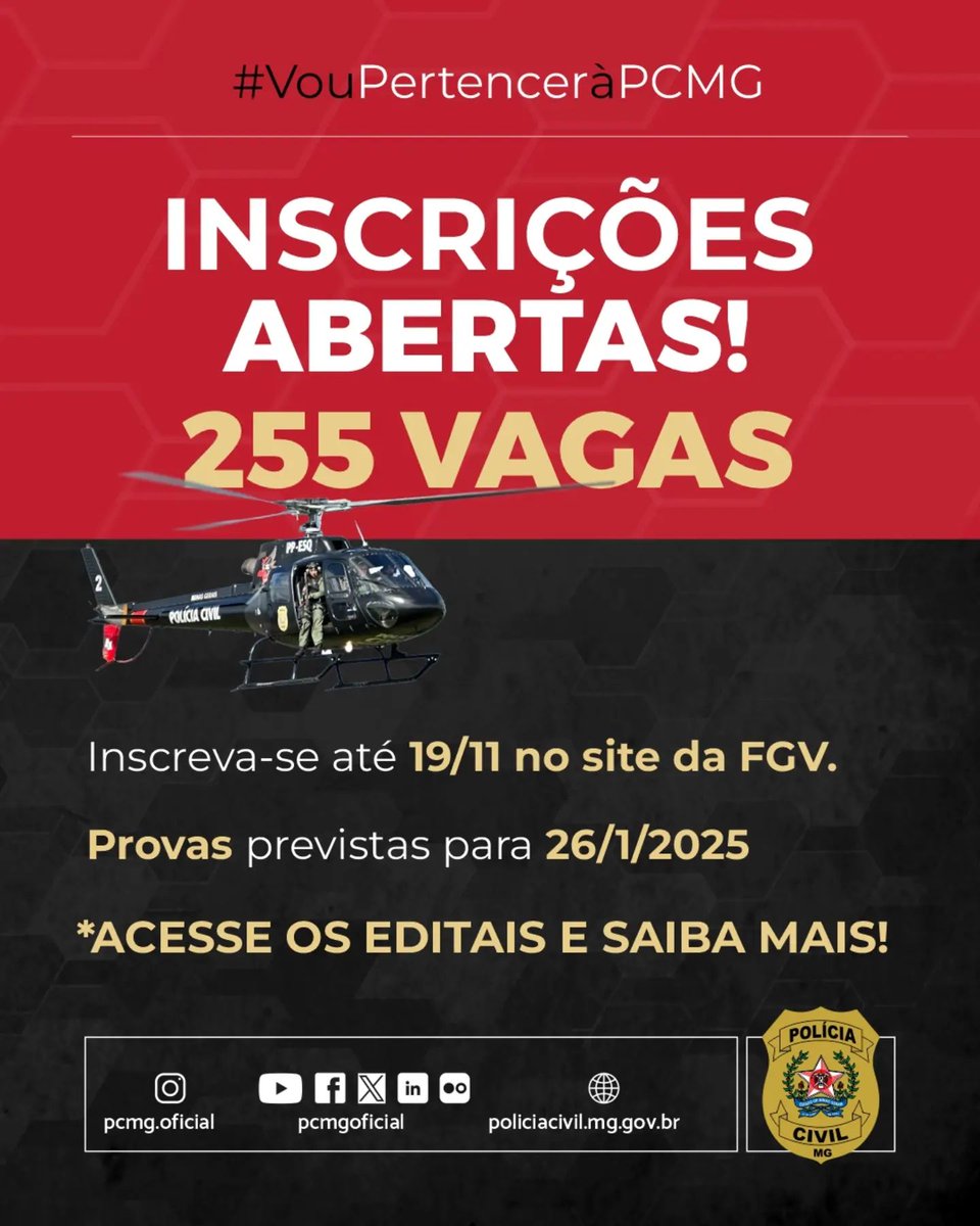 alves_gasparin's tweet image. 📌PC MG!👮🏻

🏦 Vagas : 255 

⚠️ Inscrições: 21/10 a 19/11, no site da banca FGV.

✏️ Prova Objetiva 26/01/2025.

 👮🏻Delegado, médico legista e perito: 80 Questões!! ✍🏻📋

👮🏻Investigador:  70 questões!!  ✍🏻📋

#pcmg #pmmg