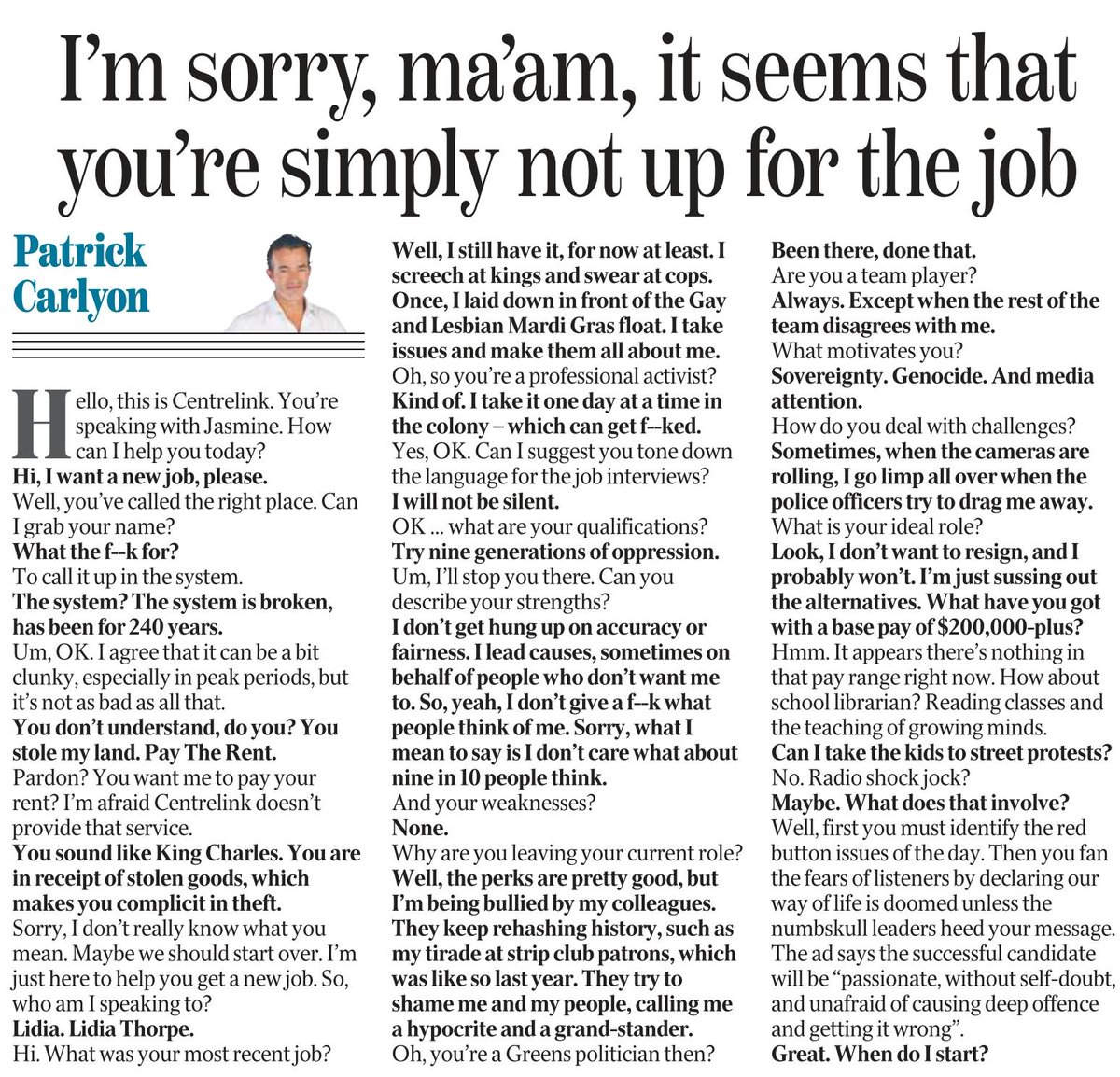 This N That News (@thisnthatnews2) on Twitter photo āI screech at Kings and swear at copsā: When Lydia rings Centrelink. This is hilariousšš¤£
 "Goodo. What are your qualifications?
Try nine generations of oppression. 
Can you describe your strengths?
Well, I donāt get hung up on accuracy or fairness. I lead causes, sometimes on āI screech at Kings and swear at copsā: When Lydia rings Centrelink. This is hilariousšš¤£
 "Goodo. What are your qualifications?
Try nine generations of oppression. 
Can you describe your strengths?
Well, I donāt get hung up on accuracy or fairness. I lead causes, sometimes on