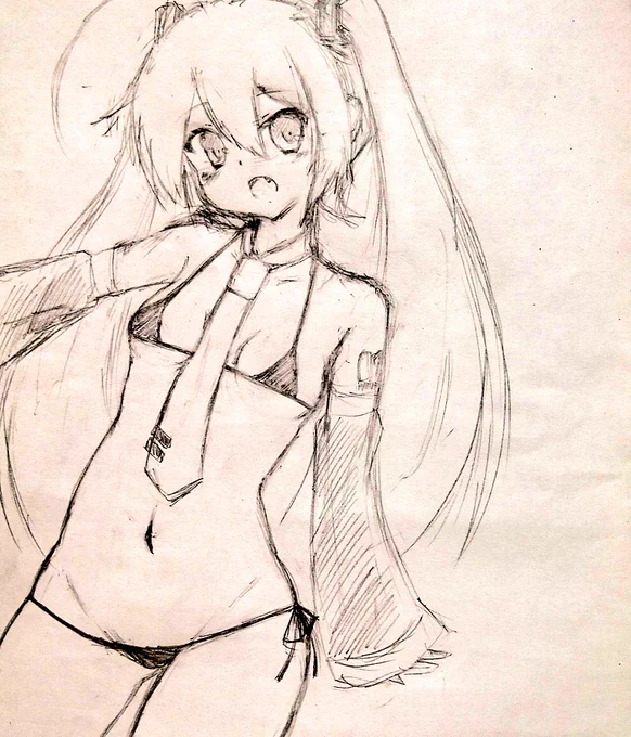今日の線が多い落描きミクさん リクエストよりマイクロビキニ〜