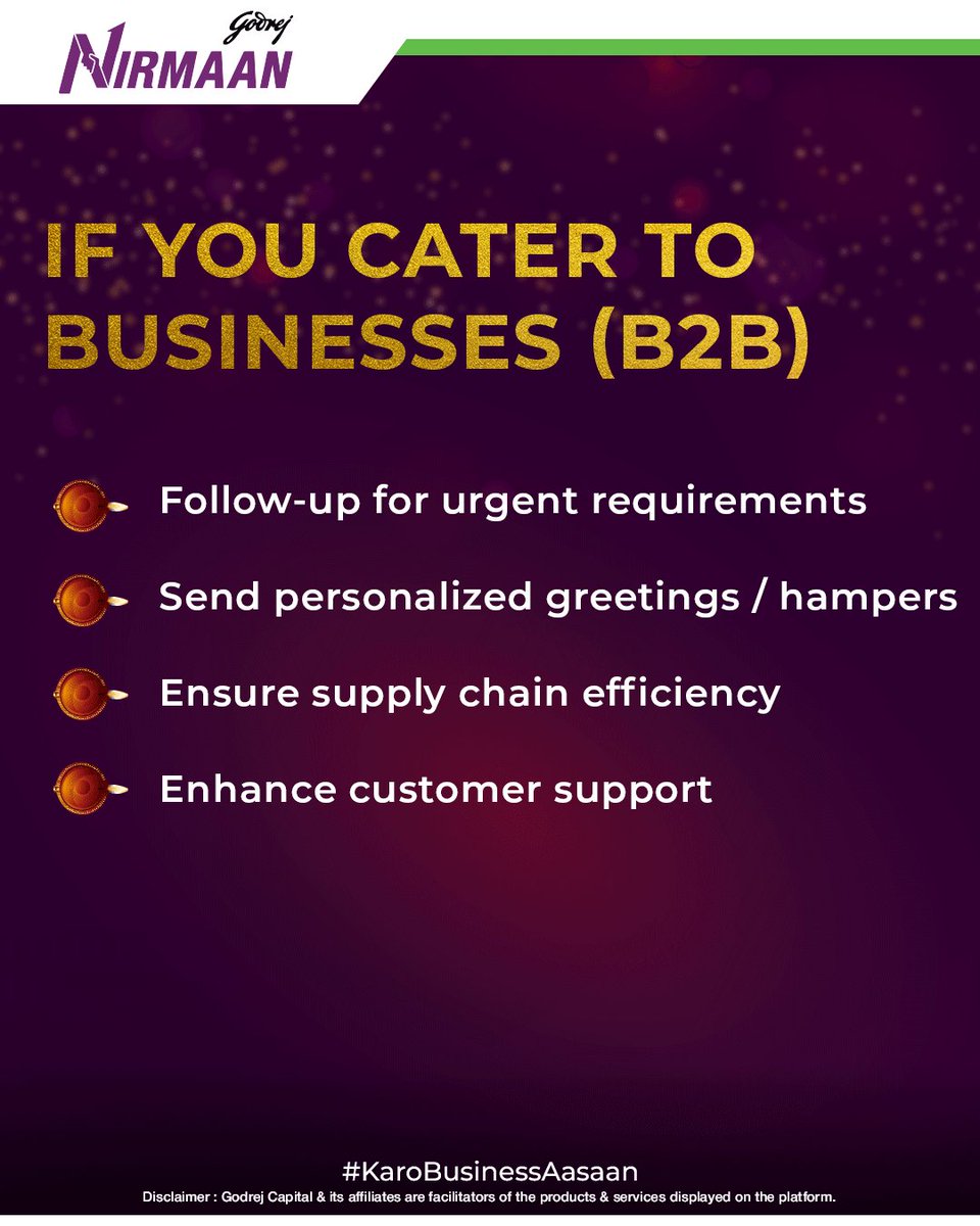 Nirmaan_GC's tweet photo. Tyohaar ki khushiyan baantne se aur badh jaati hai! Follow these to help your customers experience #KhushiyonKaNirmaan today!

#GodrejNirmaan #Nirmaan #KaroBusinessAasaan #Diwali #B2BMarketing #B2CMarketing #SmallBusiness https://t.co/mPyDSRR6dM