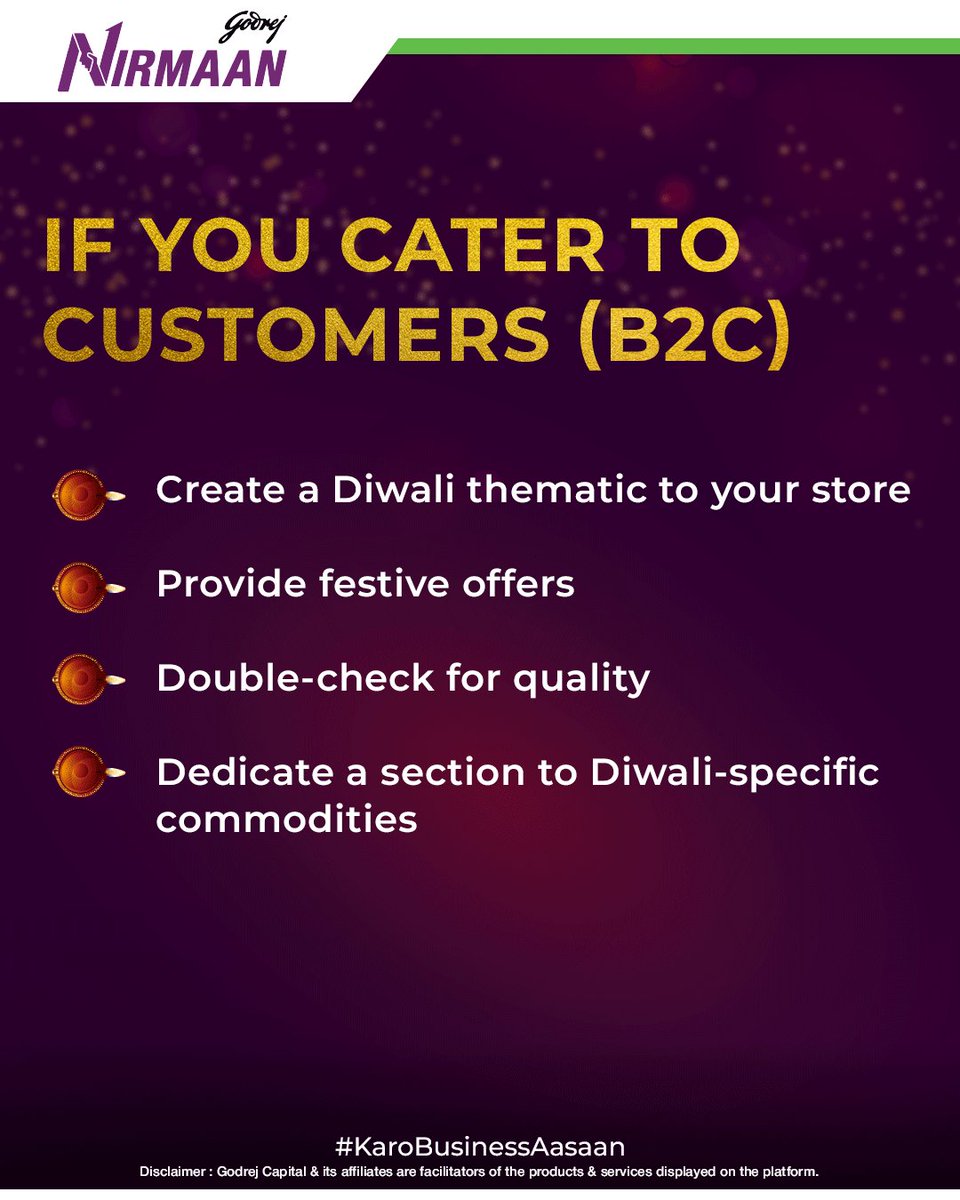 Nirmaan_GC's tweet photo. Tyohaar ki khushiyan baantne se aur badh jaati hai! Follow these to help your customers experience #KhushiyonKaNirmaan today!

#GodrejNirmaan #Nirmaan #KaroBusinessAasaan #Diwali #B2BMarketing #B2CMarketing #SmallBusiness https://t.co/mPyDSRR6dM