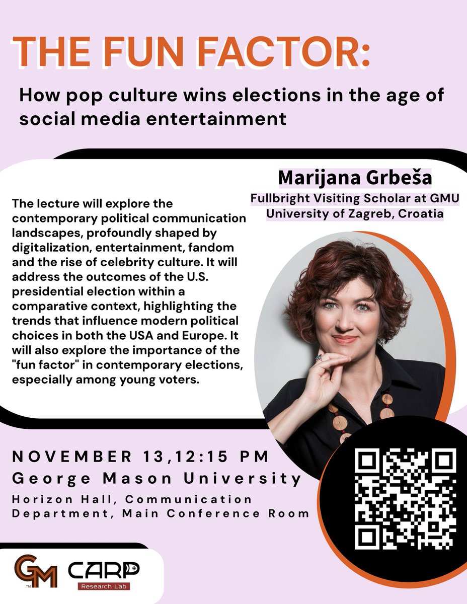 📢 CARP is hosting Marijana Grbeša, a professor at the University of Zagreb in Croatia and Fullbright scholar at George Mason University. She will be giving a lecture about her work on politics in the age of social media entertainment on Wednesday, November 13th. Don’t miss it!!