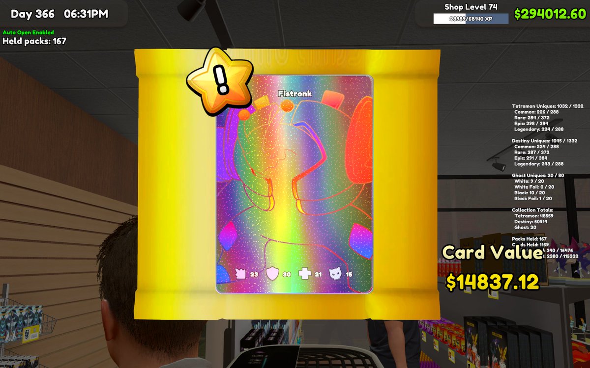 Sheldoom's tweet photo. #TCG_Card_Shop_Simulator has been a fun title to play through ... and not just because one of the customer NPCs is my spitting image. However the RNG can be punishing. You will note the stats on screen of how many cards I've pulled and collected before getting my first holo ghost https://t.co/YKUpjZnNZb