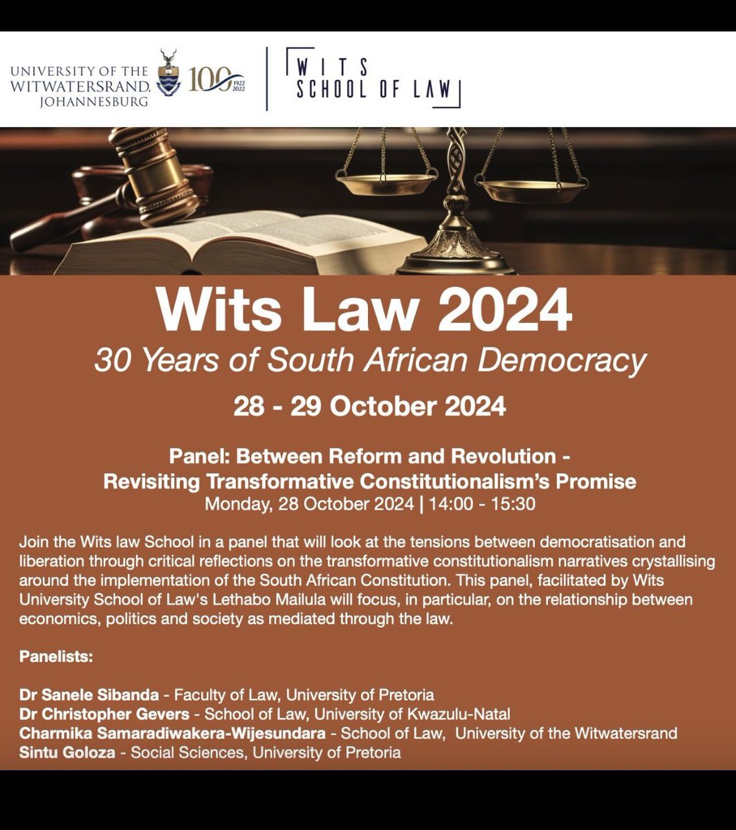 Zunaida Moosa-Wadiwala🌹 (@zunaidamw) on Twitter photo Looking forward to the Wits Law 2024 - 30 Years of South African Democracy Conference happening 28 - 29 October 2024
<a href="/WitsSchoolofLaw/">Wits School Of Law</a> <a href="/WitsCLM/">Wits CLM Faculty</a> <a href="/WitsUniversity/">Wits University</a>
🗓 The conference is open to everyone. Register here: lnkd.in/dNmgGagc
A few of the panels ⬇️ Looking forward to the Wits Law 2024 - 30 Years of South African Democracy Conference happening 28 - 29 October 2024
<a href="/WitsSchoolofLaw/">Wits School Of Law</a> <a href="/WitsCLM/">Wits CLM Faculty</a> <a href="/WitsUniversity/">Wits University</a>
🗓 The conference is open to everyone. Register here: lnkd.in/dNmgGagc
A few of the panels ⬇️