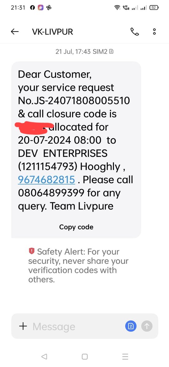 souvik_h's tweet photo. @LivpureSmart I've been waiting for 2 months for my scheduled water purifier servicing after opting for AMC. I've contacted both the service agent and customer care multiple times with no resolution. The service agent even asked for OTP without visit. Please help! @consaff https://t.co/guX7JtLOyO