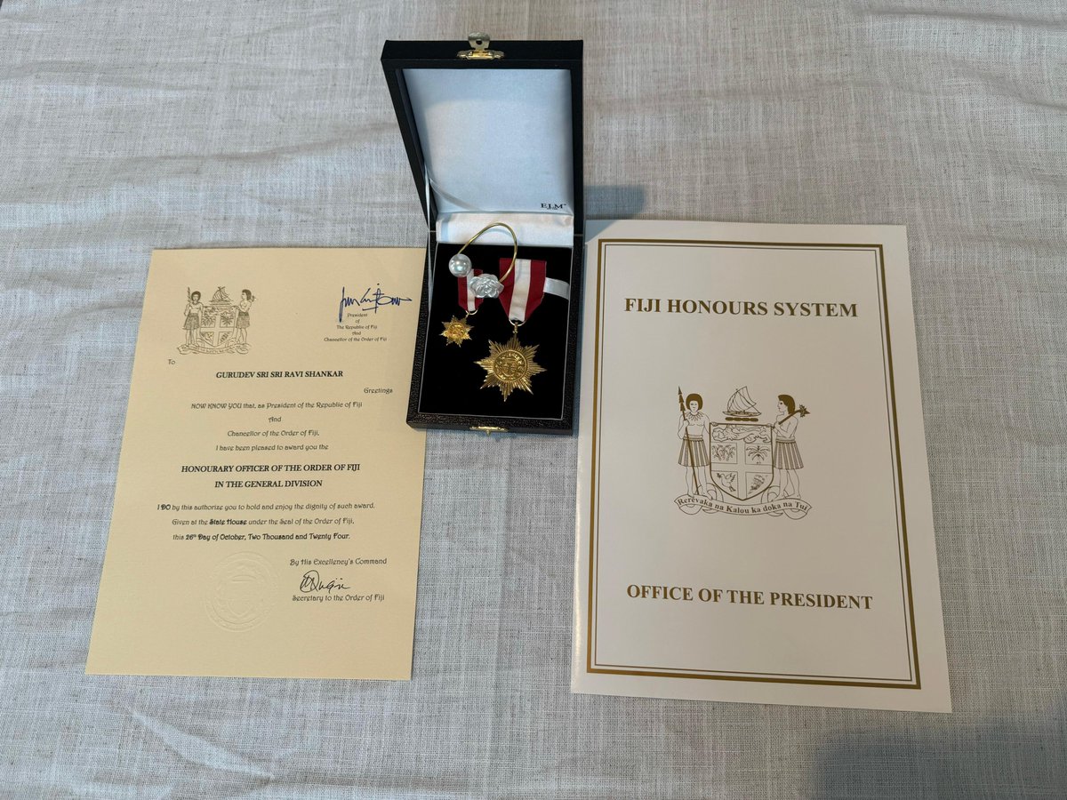 ANI's tweet image. South Pacific nation, Fiji has conferred its highest civilian honour upon Sri Sri Ravi Shankar, the global spiritual master and humanitarian leader, for his tireless contribution to the upliftment of the human spirit and bringing diverse communities together in peace and harmony.…