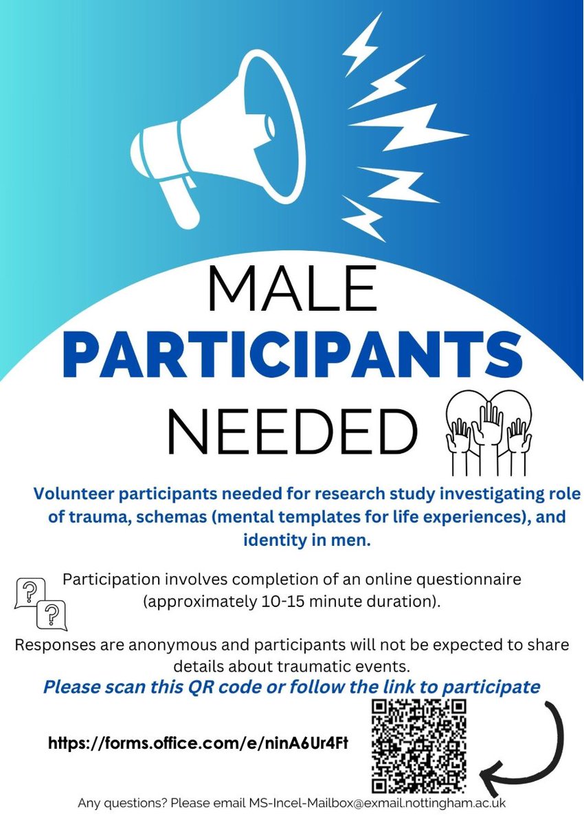 🚨🔬📊RESEARCH RECRUITMENT - INCELS AND NON-INCELS📊🔬🚨

Looking for 60 more anon males to complete my research study comparing schemas (mental modes for world) and trauma experiences in incel and non-incels. 

forms.office.com/e/ninA6Ur4Ft

📍Please RT where possible, thanks.