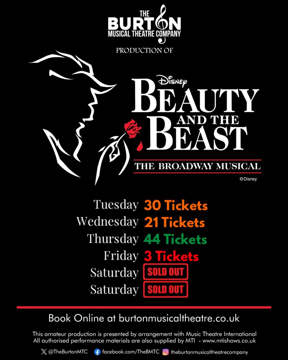 TheBurtonMTC's tweet photo. Just a few seats remain for Beauty and the Beast this week, so don’t wait to grab yours! 📷 With Friday nearly gone and Saturday SOLD OUT, this is your chance to join us in the enchanted castle.
📷 Get your tickets now before they disappear: https://t.co/Abeq39npLs https://t.co/fbz0cSNzE1