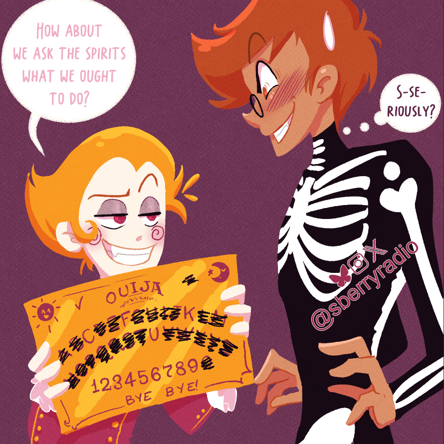 SBerryRadio's tweet photo. Day 3 of #RadioAppleTrickorTreat promoted by
@radioapplefever!Lucifer made this custom spirit board to get some answers… but it looks like there’s only one possible answer here.Also in time for #aceweek! #RadioApple #Alastor #Lucifer #HazbinHotel #Halloween #fanart #asexualweek https://t.co/LxAYoP9wCS