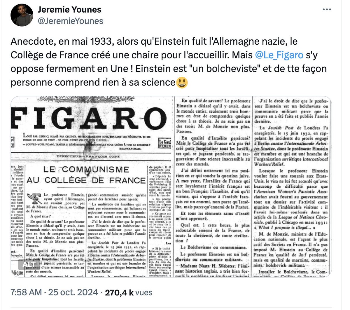Alexlevrier's tweet photo. Du Figaro de François Coty à celui de @jwaintraub, un retour vers le futur: même haine du savoir, de l'université, de la gauche, des religions exogènes (les "israélites" hier, les musulmans aujourd'hui). Ce grand journal est-il en train de réécrire sa page la plus sombre? https://t.co/kEBJeCqpsU