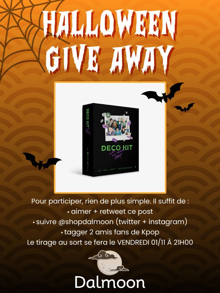 shopdalmoon's tweet photo. 🎃🦇 Halloween Give Away 🦇🎃

Tentez de gagner le Deco Kit de BTS (en rupture de stock sur les sites officiels ) 
Agrandissez votre collection en ajoutant ce coffret plein de surprises 🎁
Les conditions sont affichées dans l'image ci dessous ! 
Bonne chance à tous !🍀 https://t.co/4JCD7DnYQQ