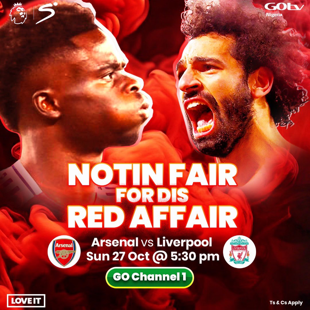 GOtvNg's tweet photo. It’s a red showdown at Emirates Stadium today! Don’t forget to set your reminders on GO Channel 1 to catch all the live action. #FootballNaYourPaddi https://t.co/qneKnIBWpf