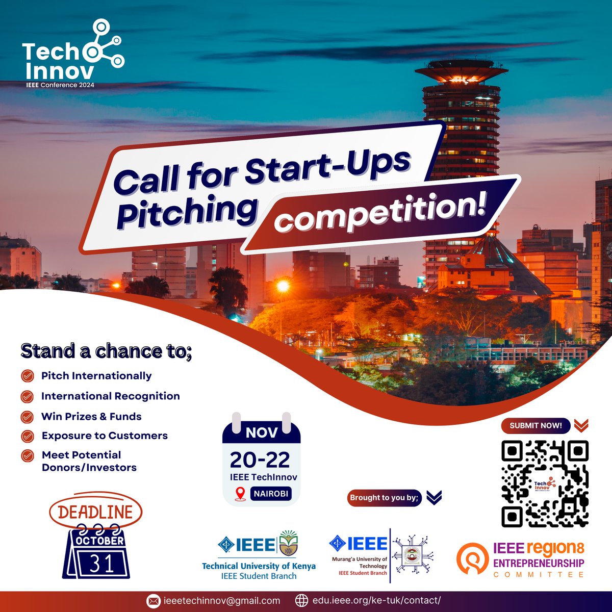 The winning projects and start-ups shall receive great awards and shall be presented at the IEEE Region 8(R8) Entrepreneurship Week.

Submit your papers and projects via the QR code on the poster.  
Deadline 31st Oct 2024

<a href="/IEEETUK/">IEEE Technical University of Kenya</a> <a href="/IEEETechinnov/">IEEE TechInnov Conference 2024</a>
