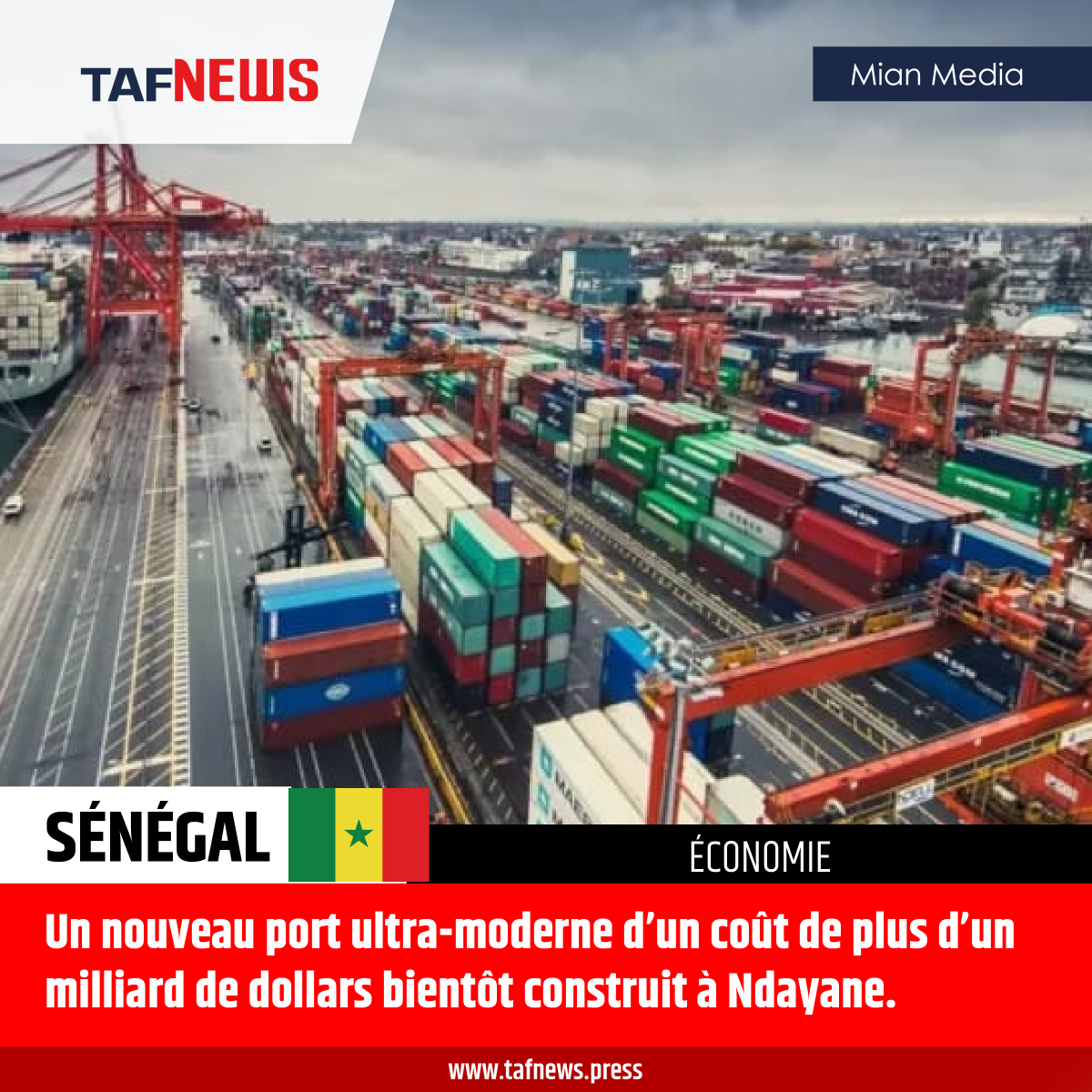 TAFNews_'s tweet photo. #Sénégal : Un nouveau port ultra-moderne d’un coût de plus d’un milliard de dollars bientôt construit à Ndayane.

Lisez l'article complet sur notre site internet : https://t.co/KQ3E7z3gux

#Finances #Economie #News https://t.co/FvduLmtmpI