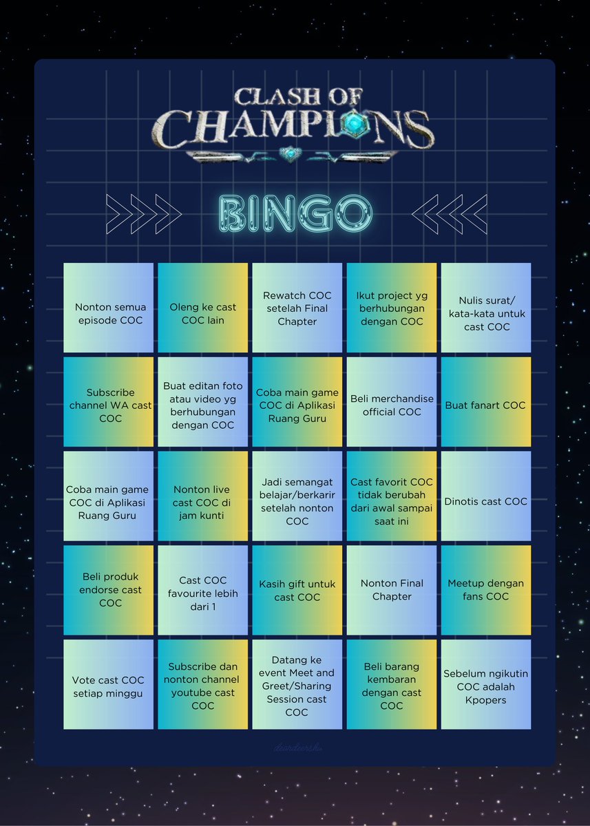 deardeershu's tweet photo. Hai Semuaa!

Karena aku pusing belajar SKD akhirnya aku refreshing dengan iseng buat 

✨Clash of Champions - BINGO✨

Yuk, Maiin! 

Drop Yours di quote atau reply tweet ini yaa 🥰

ps. maaf kalau misal isi/desainnya gak menarik 🙏

#sandyourheart #axelots #imkevin #timsekop https://t.co/kebH5zoxeY