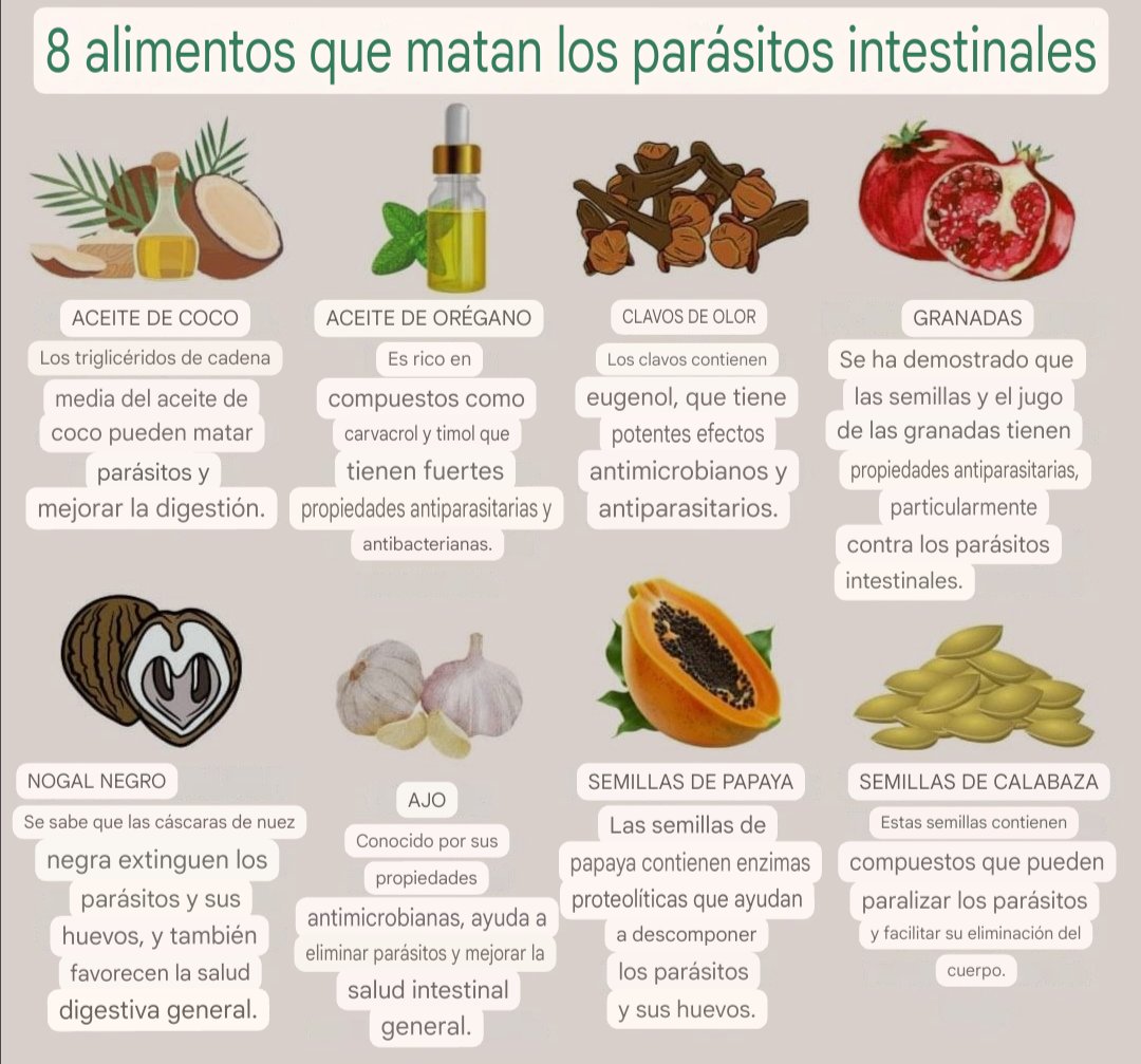 ALIMENTOS ANTIPARÁSITOS. 

Elegir un par cada mes y tomar en ayunas la semana de luna llena.
Si hay crisis curativa, suspender. 
(Al morir liberan toxinas acumuladas) 

Aceite de coco.
A. de orégano. 
Clavo de olor. 
Granada.
Nuez negra. 
Ajo.
Semillas calabaza.
S. de papaya.