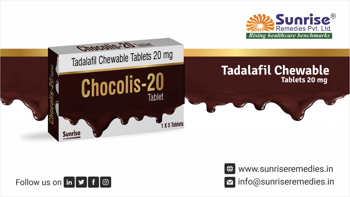 sunriserem's tweet photo. Chocolis Chewable Generic #TadalafilChewable Most Popular Products From Sunrise Remedies Pvt. Ltd.
Read More: https://t.co/bIZlvPi07L
#ChocolisChewable #TadalafilProducts #ErectiledysfunctionTreatment #EDMedicine #PEMedicine #Manpower #MedicineexporterCompany #EDPills #PEpills https://t.co/ovCVi8OXfS