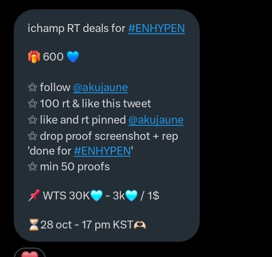 ichamp RT deals for #ENHYPEN 

🎁 600 💙 

⚝ follow <a href="/akujaune/">JUNÉ - SELL VOTE</a> 
⚝ 100 rt &amp; like this tweet
⚝ like and rt pinned <a href="/akujaune/">JUNÉ - SELL VOTE</a>
⚝ drop proof screenshot + rep 
'done for #ENHYPEN'
⚝ min 50 proofs

📌 WTS 30K🩵 - 3k🩵 / 1S

⏳️28 oct - 7 pm KST 🫶🏻
#ENFuelUp #ENVOOSTERS