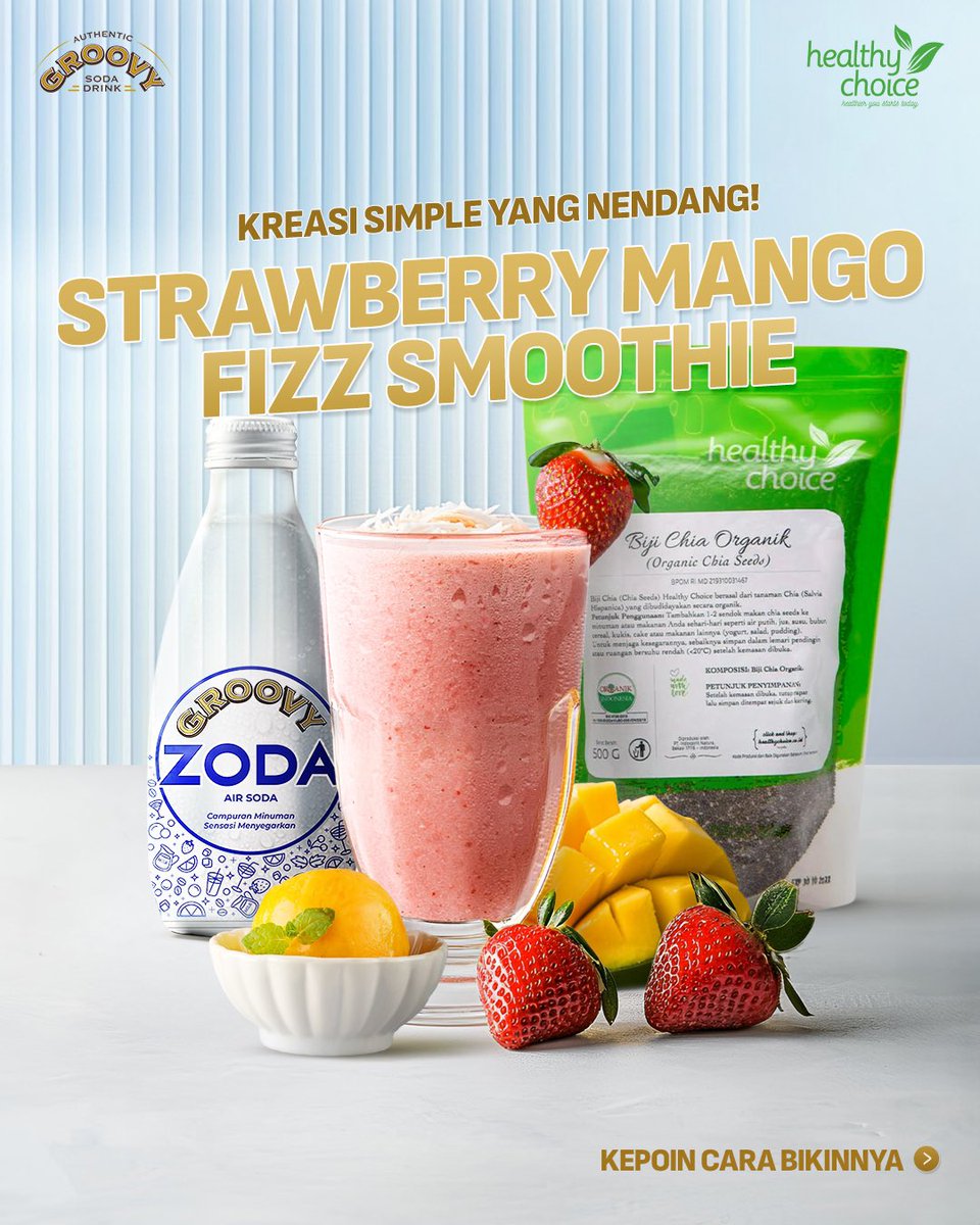 GroovyClassicID's tweet photo. Something fizzy and fresh, yet healthy😋✨
Let’s make “Strawberry Mango Fizz Smoothie”, the ultimate thirst quencher, with @HealthyChoiceID x @GroovyClassicID that #NendangSodanya!

Come and join our cooking demo at Farmers Market to learn and enjoy together! https://t.co/mkZsb24JWD