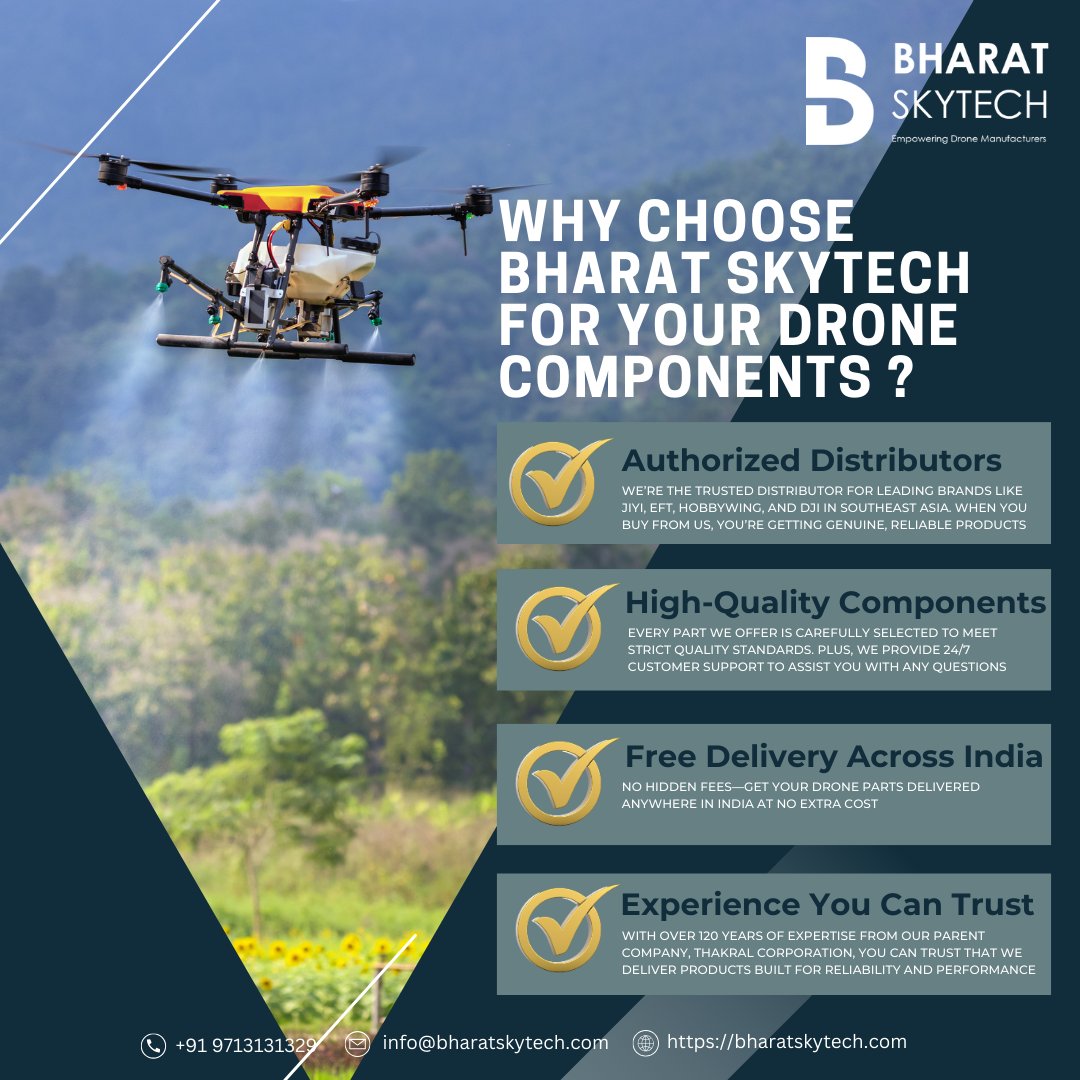 bharatskytech's tweet image. Why settle for less when you can choose quality, trust, and reliability? Bharat Skytech, India’s trusted agriculture drone components online store. 

#BharatSkytech #DroneComponents #DroneTech #AuthorizedDistributor #DronePartsIndia #FreeShipping