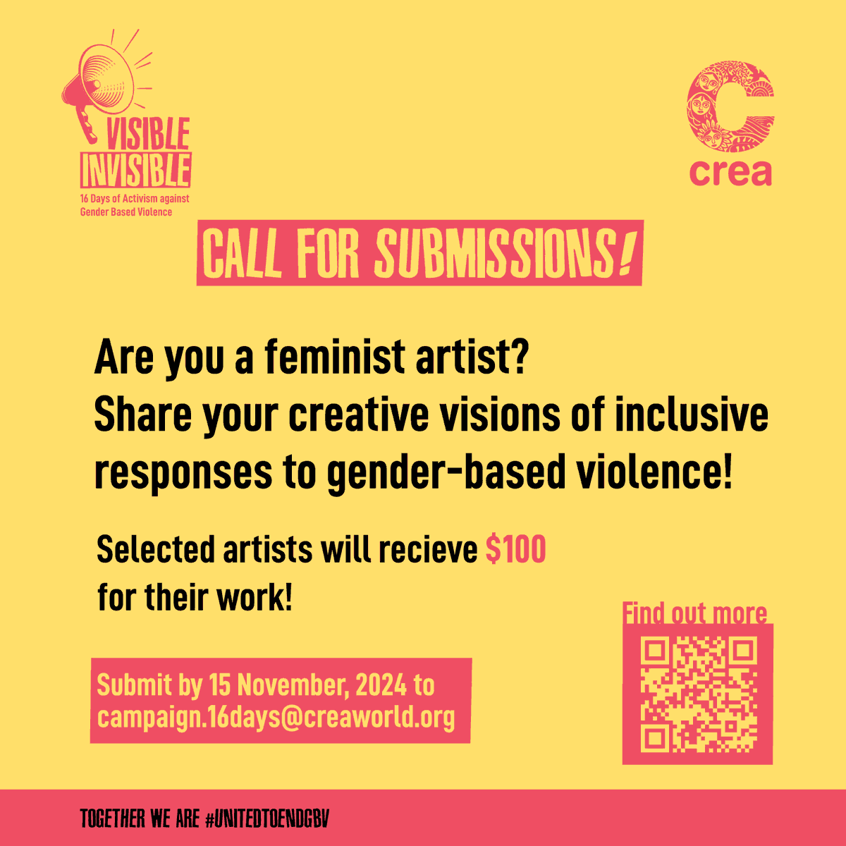 ThinkCREA's tweet photo. Join CREA’s Visible/Invisible campaign by sharing creative work on gender-based violence, intersectionality, and resilience.

Submit your work by 15 November 2024 for a chance to win $100. Learn more: https://t.co/k2J5sVAl9G

#UnitedToEndGBV #16DaysOfActivism #visibleinvisible https://t.co/aQjA9CVZMy