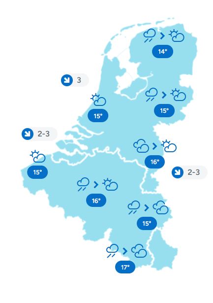 NoodweerBenelux's tweet photo. Goedemorgen! Een #koufront sleept tijdens de eerste uren nog over het centrum en #oosten van de Benelux. Dat levert een #betrokken weerbeeld op met wat #regen her en der en #nevelige, plaatselijk #mistige #condities, vooral in het oosten. Deze storing trekt geleidelijk oostwaarts en in het #westen en noordwesten verschijnen er al snel #opklaringen en blijft het droog. Deze opklaringen schuiven overdag landinwaarts maar over het #zuidoosten blijven er nog lange tijd #veel #wolken plakken. Elders is het wisselend bewolkt met wat stapelwolken. De temperaturen stijgen naar 14 tot 17 graden. De wind is noordwestelijk en zwak tot matig. Fijne dag!