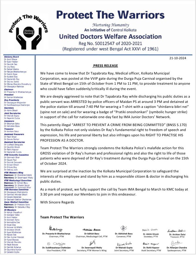 Protect the Warriors (@ptwforjustice) on Twitter photo Dr. Tapabrata Ray was discharging his duties as a public servant under the <a href="/kmc_kolkata/">Kolkata Municipal Corporation</a> during the #Durgapujacarnival organised by <a href="/GoWestBengal/">Government of West Bengal</a> when he was arrested and detained by the <a href="/KolkataPolice/">Kolkata Police</a> on the 15th of October 2024. His phone was taken away from his possession. Dr. Tapabrata Ray was discharging his duties as a public servant under the <a href="/kmc_kolkata/">Kolkata Municipal Corporation</a> during the #Durgapujacarnival organised by <a href="/GoWestBengal/">Government of West Bengal</a> when he was arrested and detained by the <a href="/KolkataPolice/">Kolkata Police</a> on the 15th of October 2024. His phone was taken away from his possession.